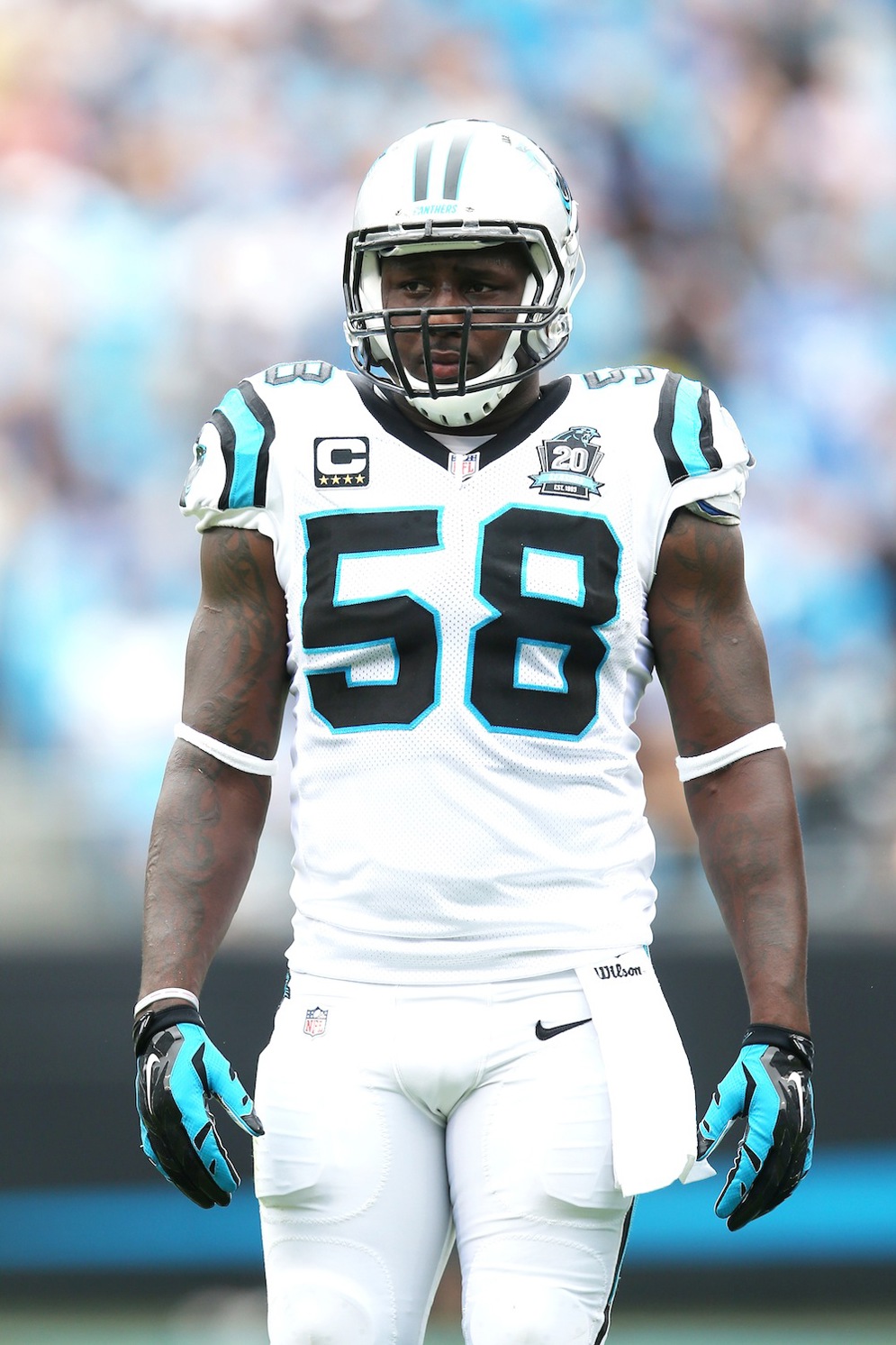 Carolina Panthers linebacker Thomas Davis (58) in action against the Detroit Lions at Bank of America Stadium in Charlotte, NC September 14, 2014. (AP Photo/Damian Strohmeyer)