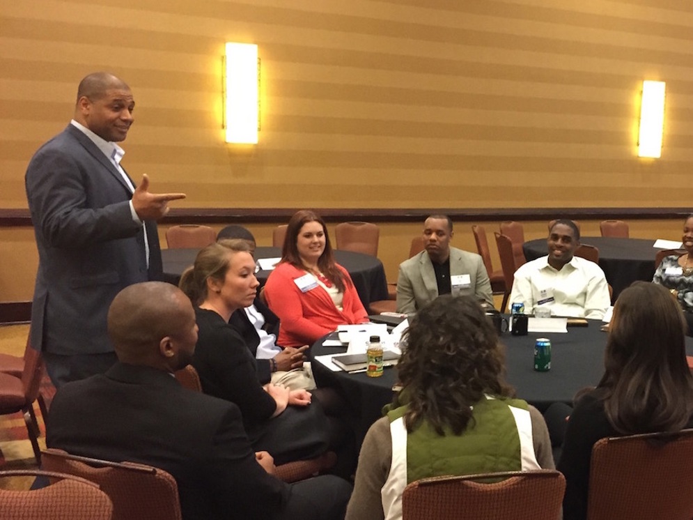 Charles Way,&#xA0;vice president of Player Engagement, addresses participants at the 2015 NFL-NCAA Coaches Academy.