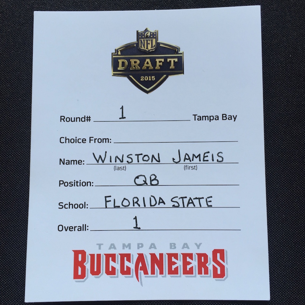 Official NFL Draft card submitted by the Tampa Bay Buccaneers when they selected Florida State QB Jameis Winston with the first overall pick of&#xA0;the 2015 NFL Draft.&#xA0;&#xA;