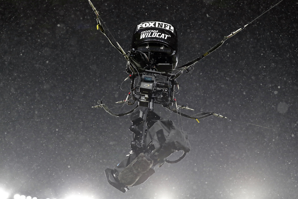 Skycam Wildcat TV broadcast overhead cable camera during a game between the Pittsburgh Steelers and the Las Vegas Raiders in 2022. (AP/Tyler Kaufman)